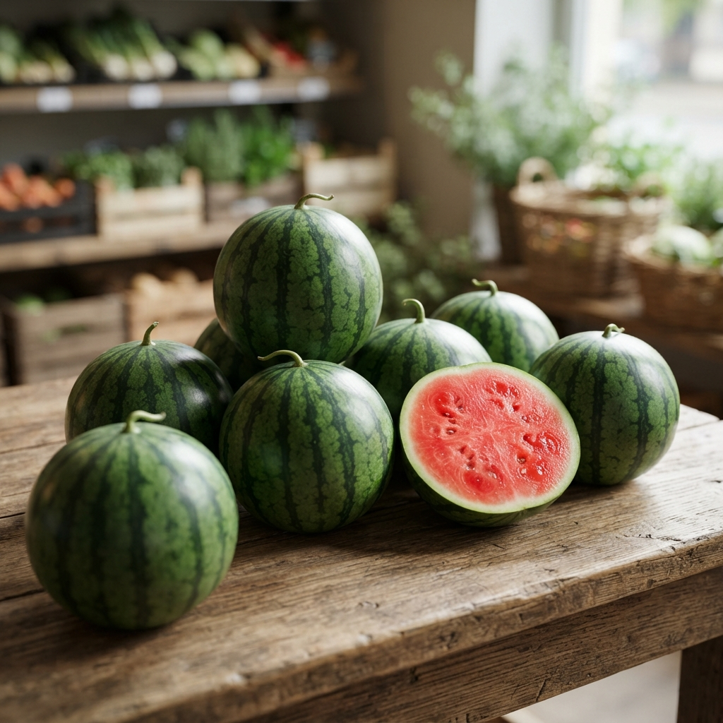 Ultra-realistic, high-end commercial photograph of several small personal-sized mini watermelons resting in a clean, modern export-grade plastic crate. Background: A bright, sun-drenched Egyptian agricultural field with fertile soil and palm trees visible in the far distance under a clear sky.